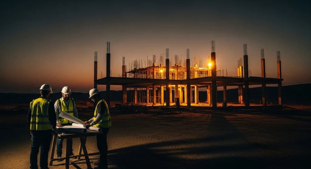 Construction workers reviewing plans
