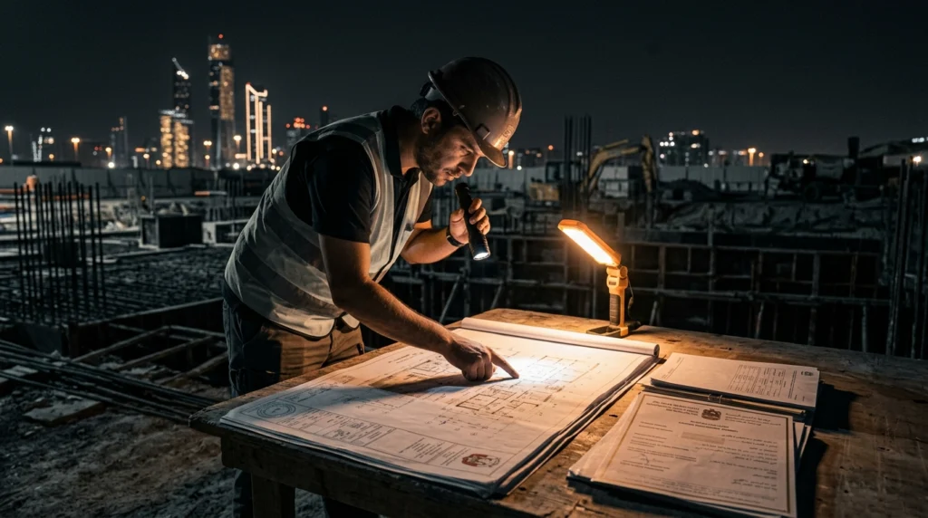 Engineer inspecting construction blueprints at night site