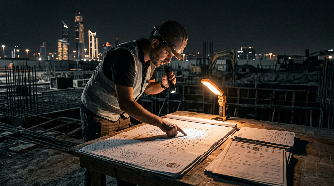 Engineer inspecting construction blueprints at night site