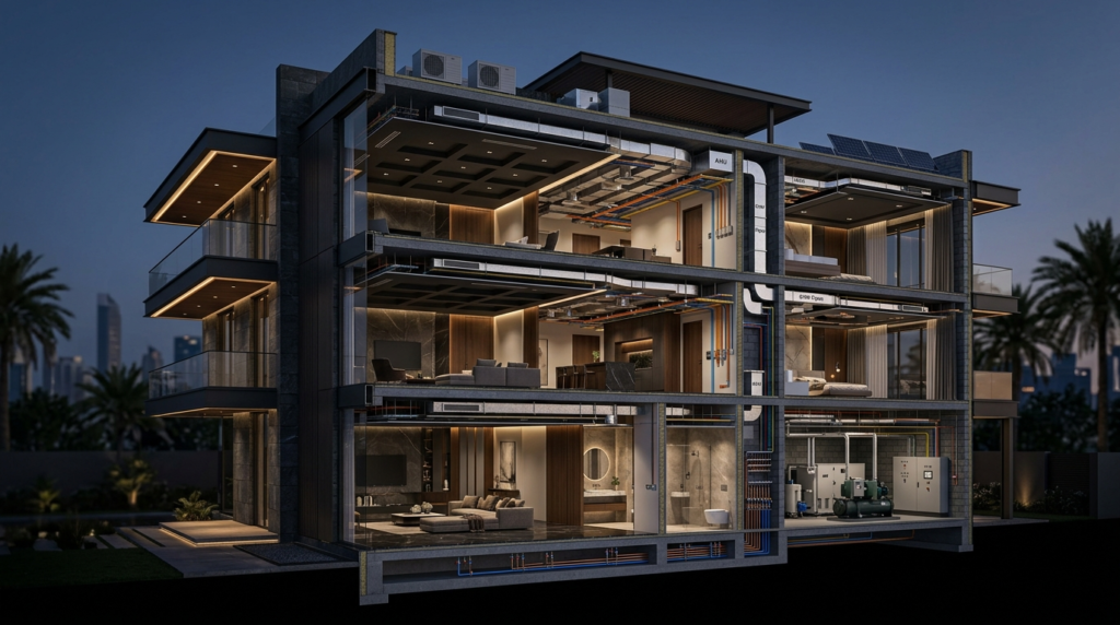 Modern villa MEP system installation