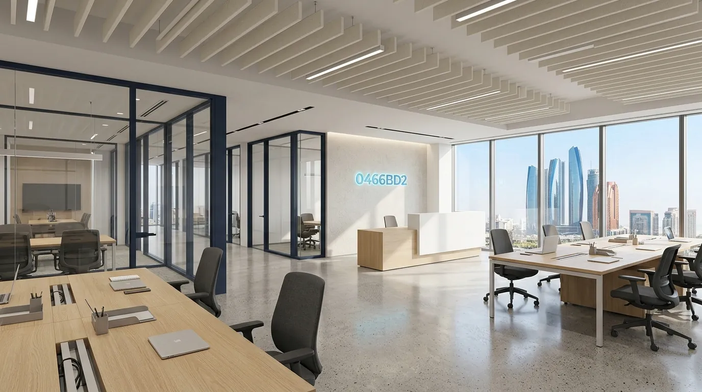 Modern commercial office fit-out in Abu Dhabi with open plan layout and glass partitions