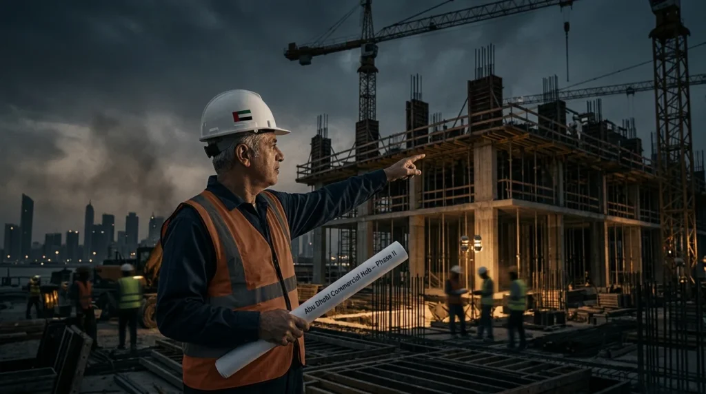 Project supervisor holding construction plans at an active Abu Dhabi building site.