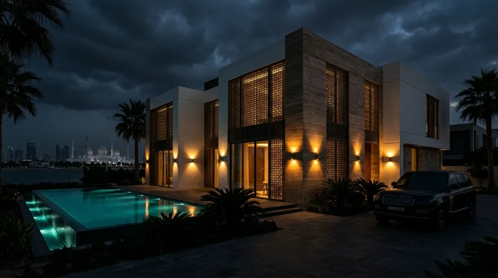 Luxury villa exterior with landscaped gardens and Abu Dhabi .