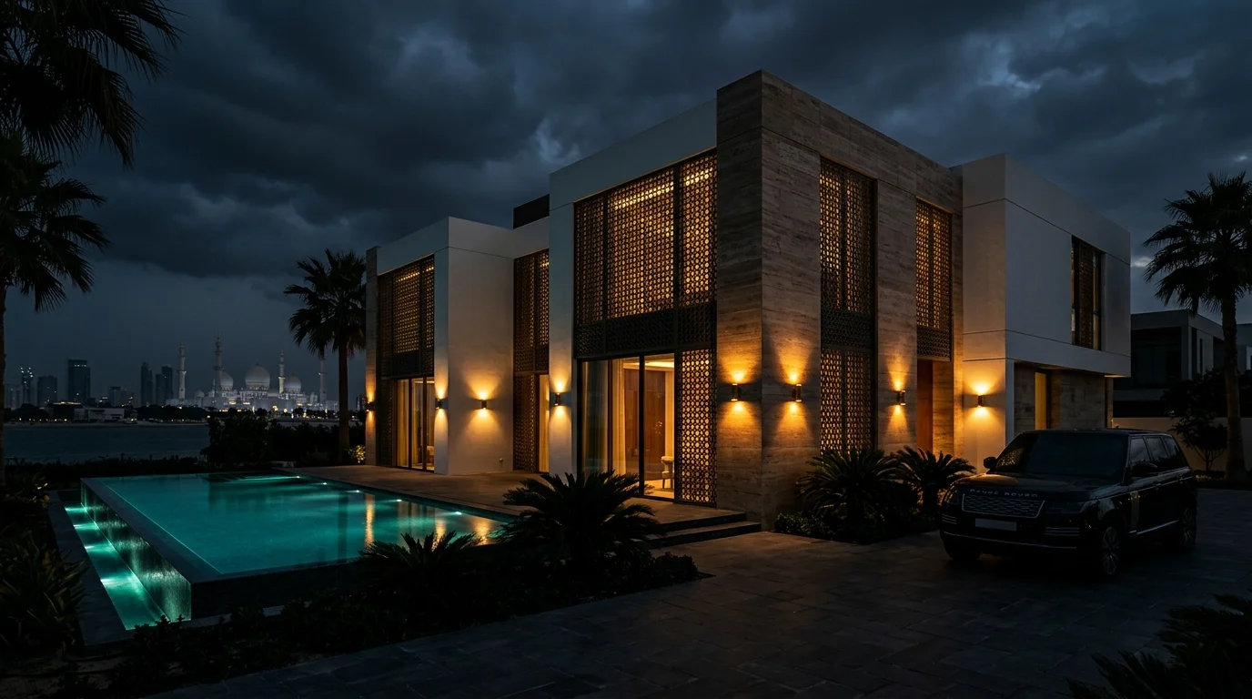Luxury villa exterior with landscaped gardens and Abu Dhabi .