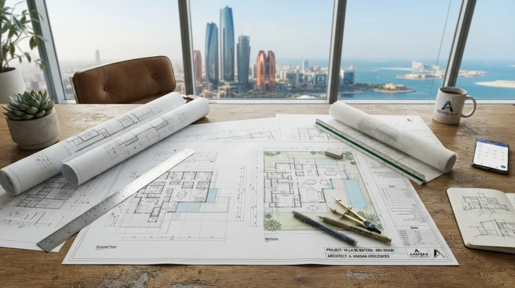 Architect's desk with villa blueprints and Abu Dhabi