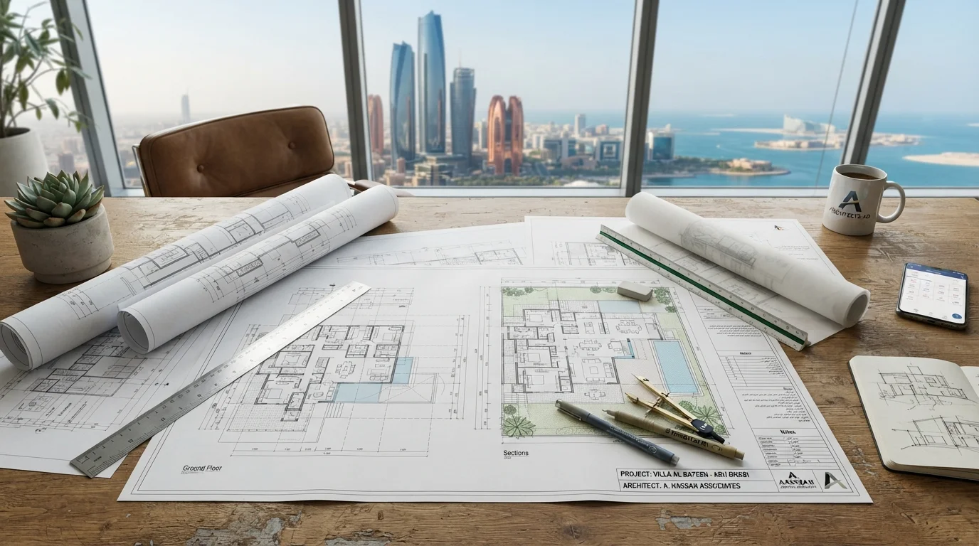 Architect's desk with villa blueprints and Abu Dhabi