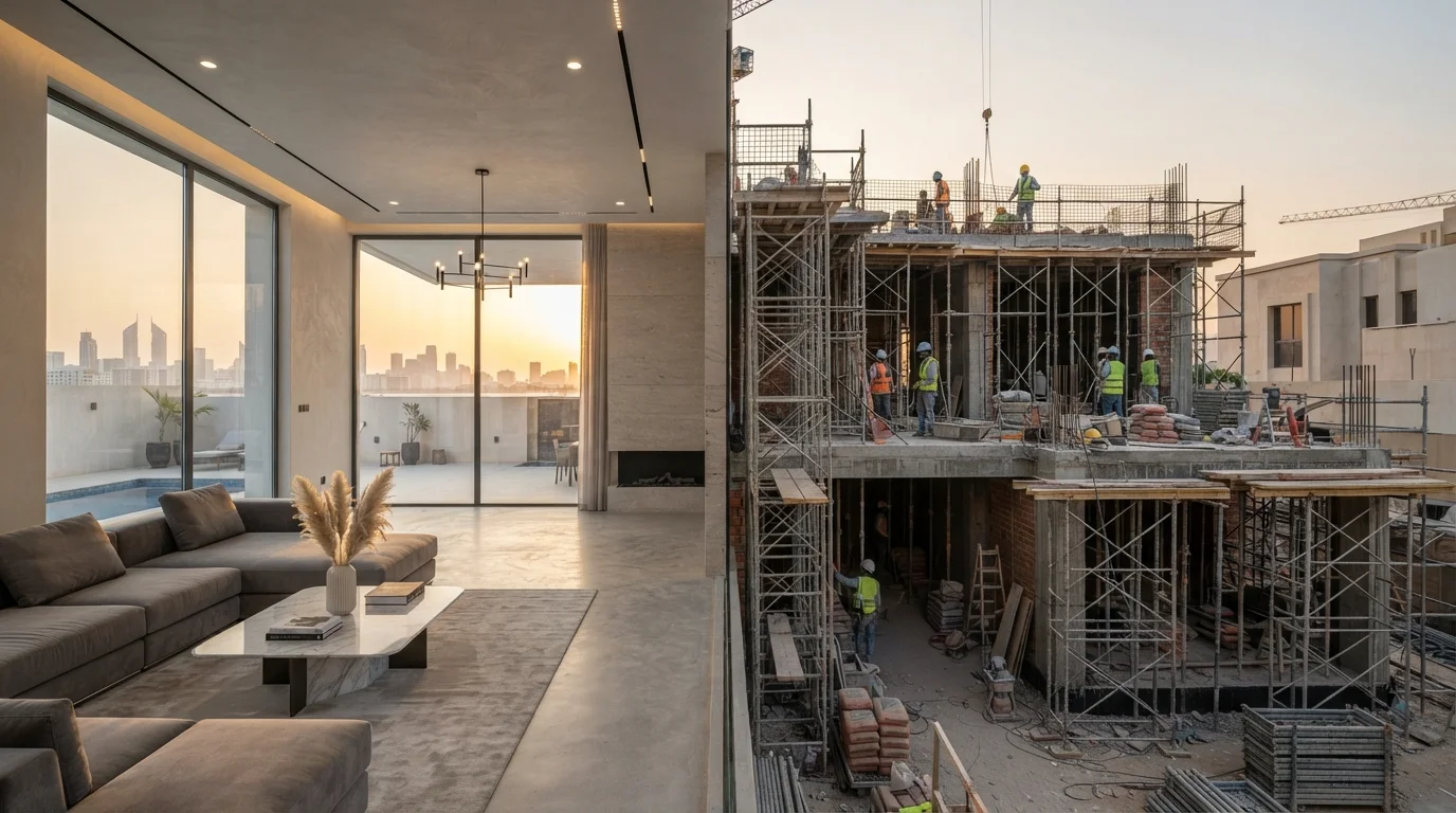 Luxury villa renovation and extension project in Abu Dhabi showing modern interior upgrade and new construction